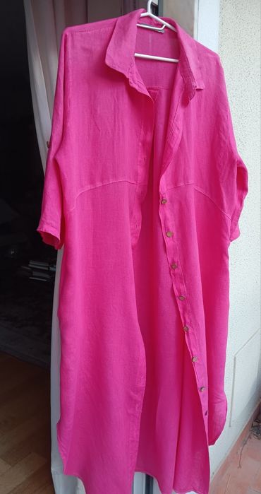 Vestido saida de praia em linho ,cor de rosa  escuro