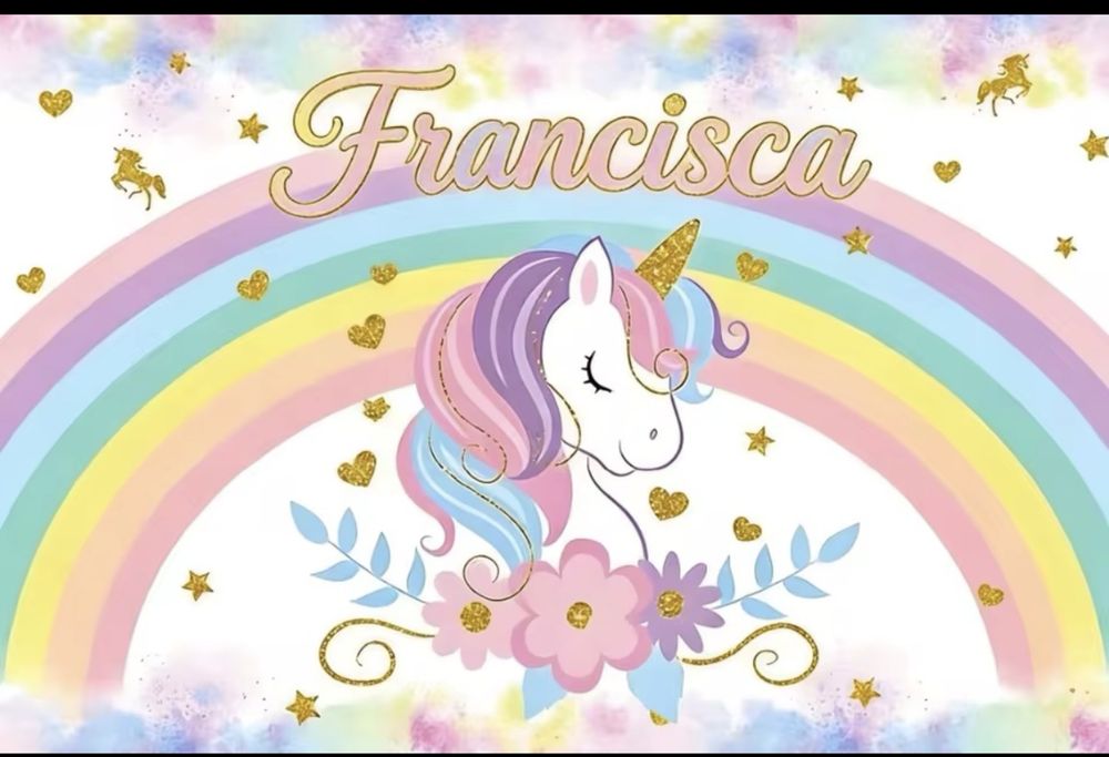 Decoração painel vinil festa aniversário unicornio Francisca fundo 270x180 cm