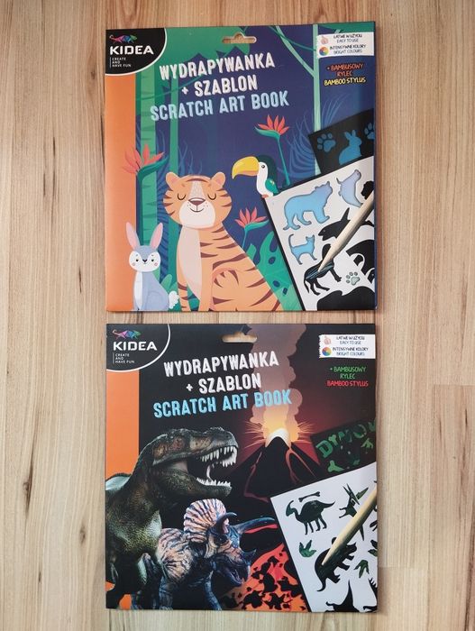 NOWE Zestaw Wydrapywanki + szablony dzieci Kidea dinozaury dzikie zwierzęta 3 karty scratch art book