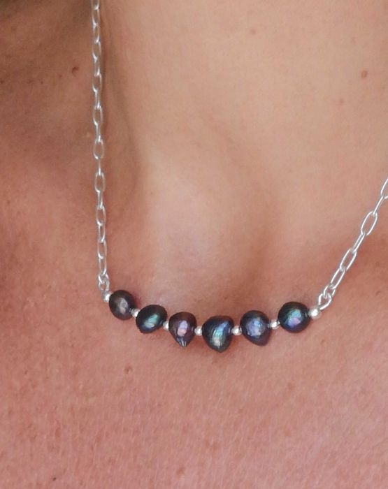 naszyjnik choker czarne perły srebro