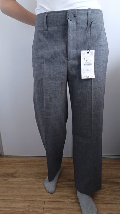 Spodnie szare eleganckie o prostym kroju w kratkę Zara premium S