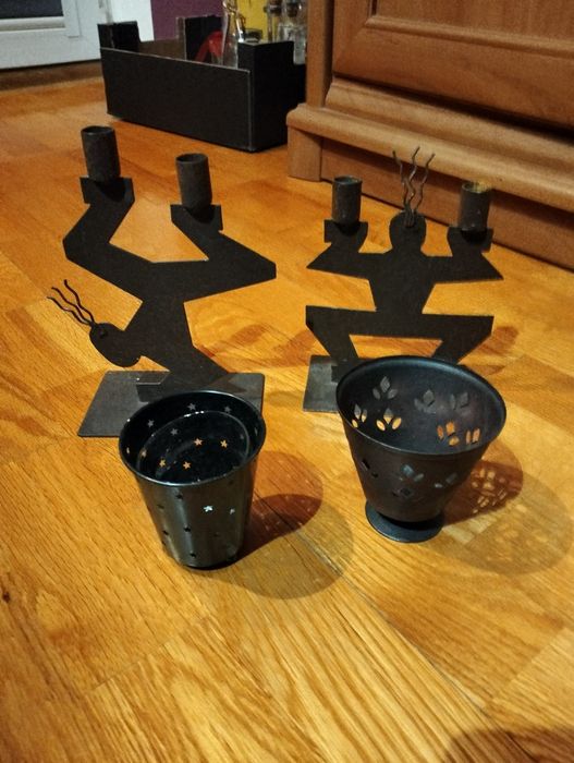 Świeczniki w stylu Kokopelli -2  hand made oraz 2 innego rodzaju.