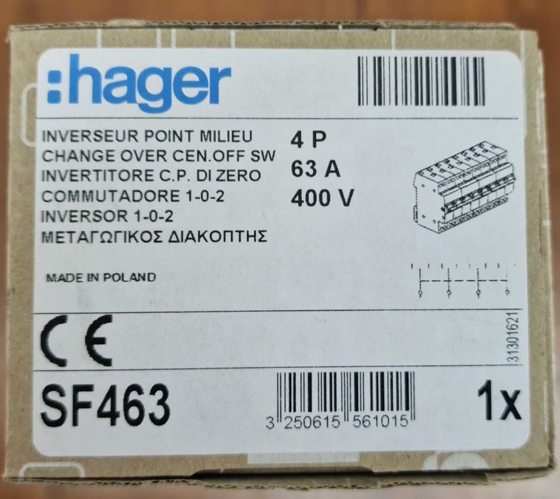 Перемикач навантаження мережа/генератор HAGER SF463 [400В/63A 3+N/I-0-II]
