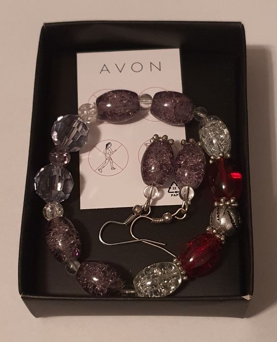 Avon komplet bransoletka kolczyki srebrno-czerwony