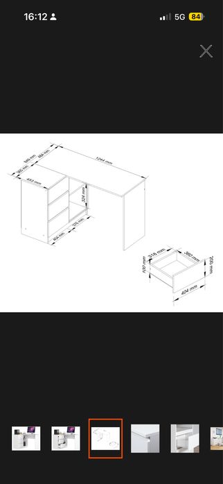 Biurko narozne biale 124 cm lewe 3 szuflady 2 półki