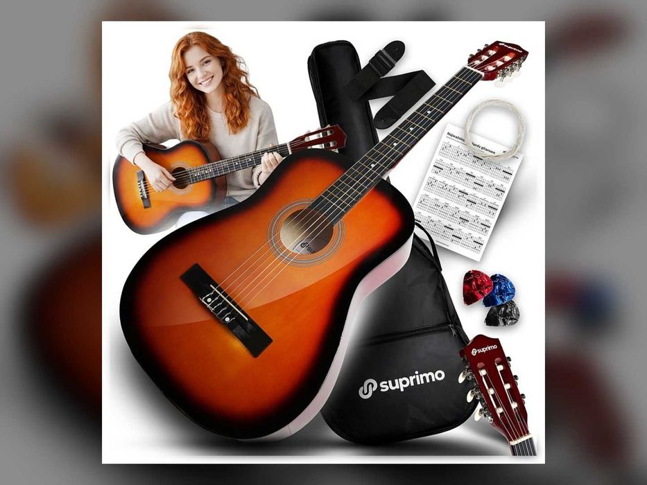 Nowa Gitara Klasyczna 4/4 Do Nauki Zestaw Pokrowiec Pasek Struny