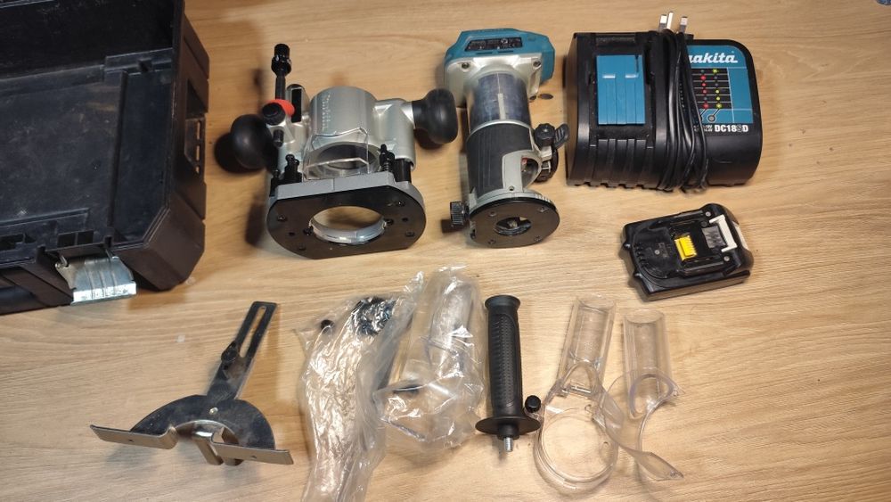 Frezarka Makita bezszczotkowa, komplet, ładowarka,bateria + dodatki