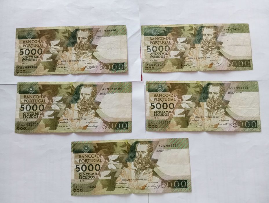 Notas de 5000 escudos - Lote de 5 por 100 euros