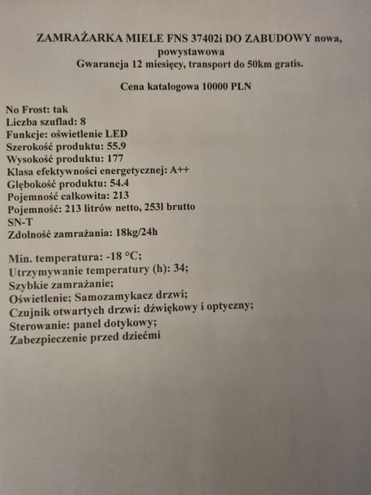 Zamrażarka Miele FNS 37402 i do zabudowy