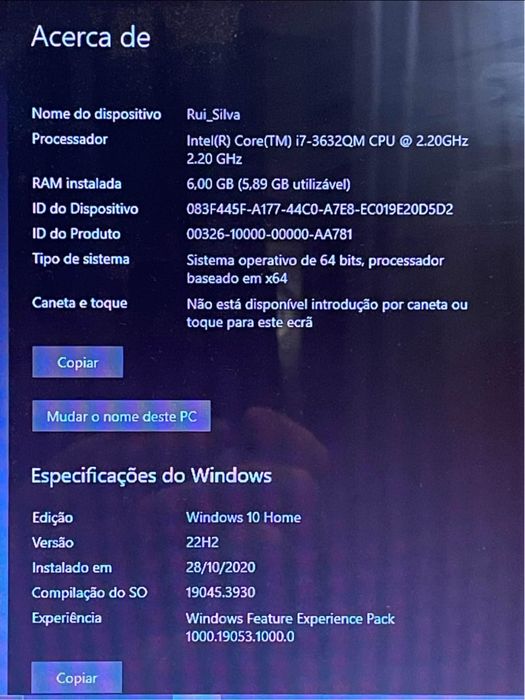 HP Pavilion i7 2.20GHz 6GB/RAM 250GB Disco