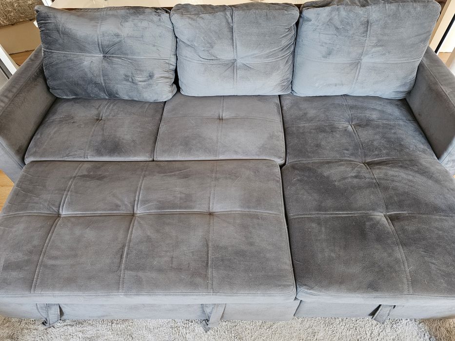 Sofá-Cama Chaise Longue com Baú - Cinzento Aveludado