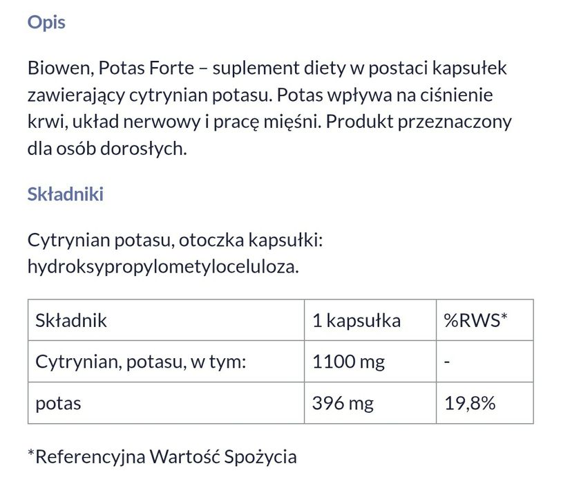 Biowen Potas 1 + 1 - zdrowie, elektrolity, sport, suplement diety
