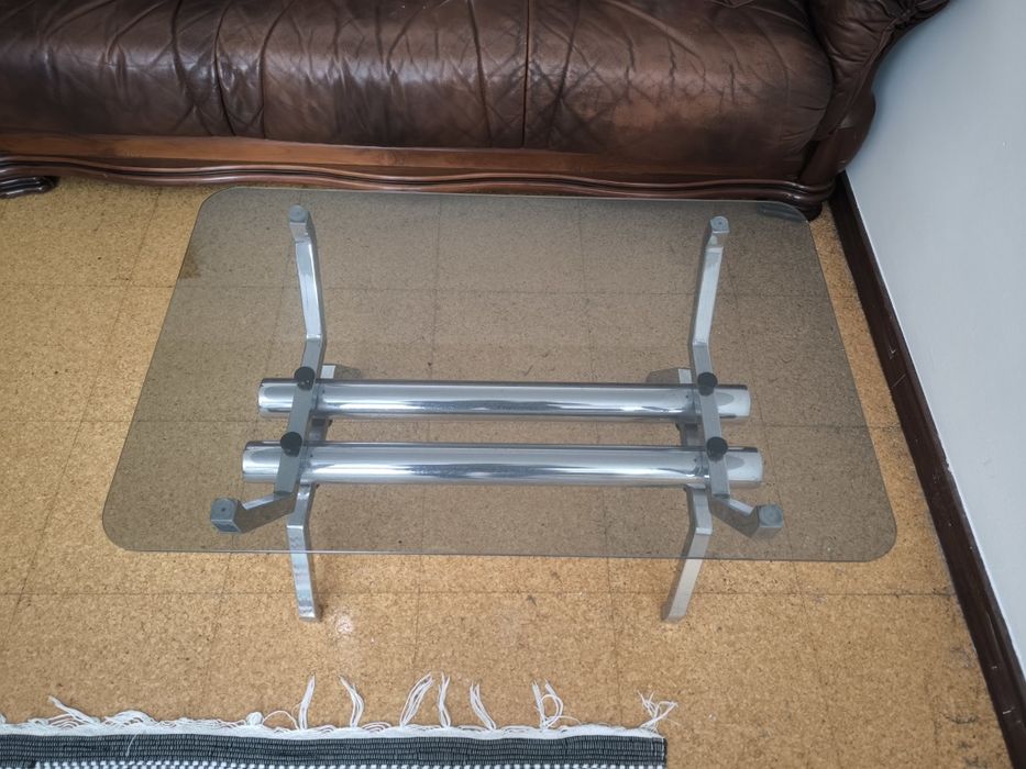 Mesa de apoio em vidro e tubo inox anos 70