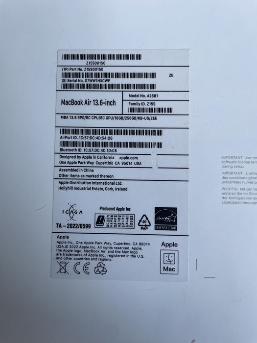 Macbook Air M2 16 Ram  256Gb space gray