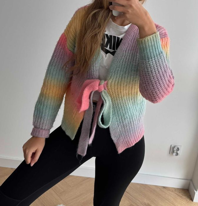 Shein kolorowy tęcza kardigan sweter wiązany 36 s