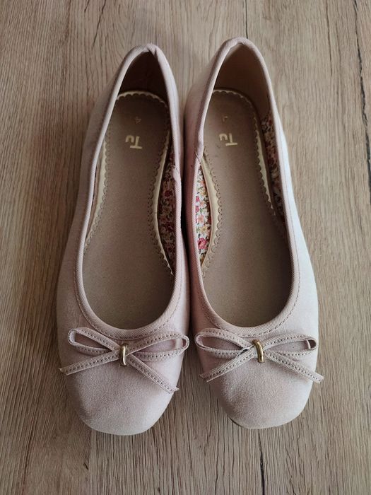 Baleriny na lato  z kokardkami pastelowe wiosenne buty pudrowy róż