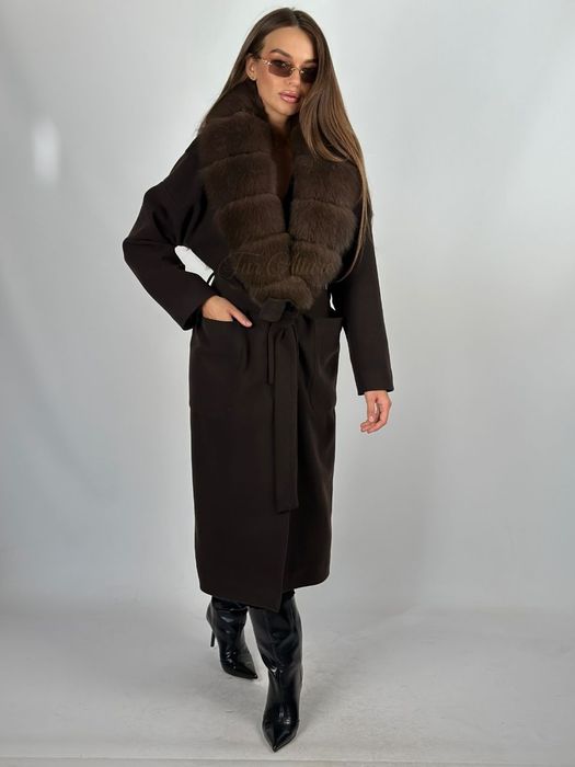 Жіноче шоколадне кашемірове пальто з натуральним хутро песця,42-56 р