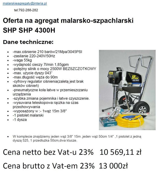 SHP 4300H Agregat malarski do gładzi i epoksydów 7L-2500W