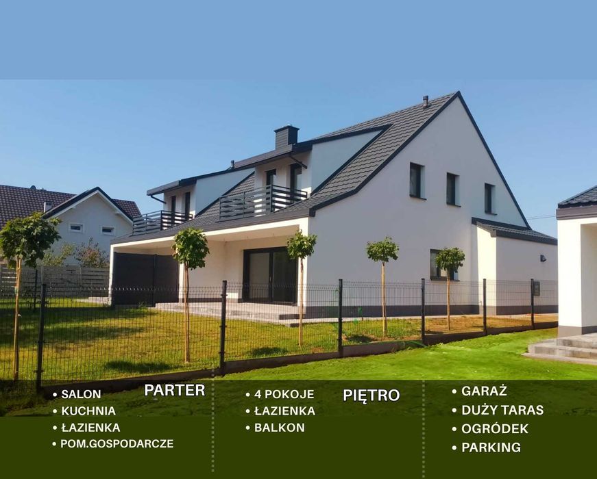 Nowy Dom dla Rodziny: Salon z kuchnią+4 sypialnie. Taras z ogrodem, garaż, rekuperacja, podłogówka. Wysoki standard wykonania, komfort i nowoczesność.