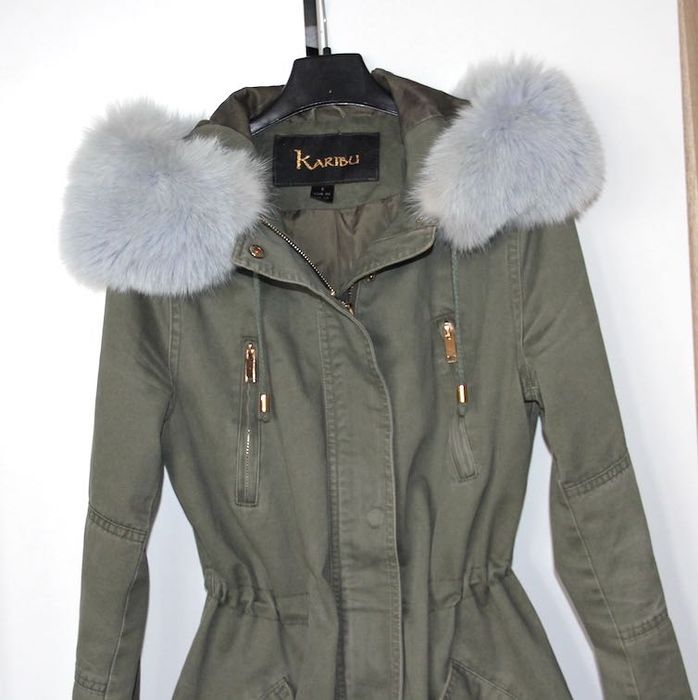 karibu kurtka płaszcz parka khaki futro królik niebieska s 36