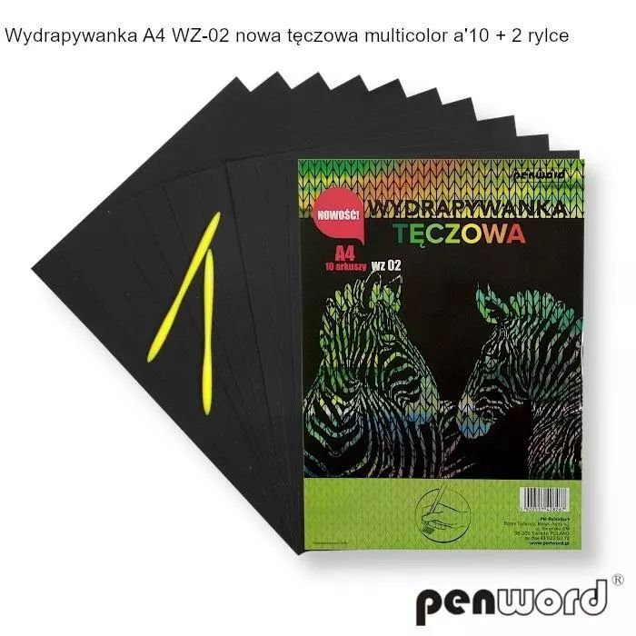 Wydrapywanka Tęczowa A4 (10 Arkuszy) Multikolor + 2 Rylce Wz-02. Nowy Produkt