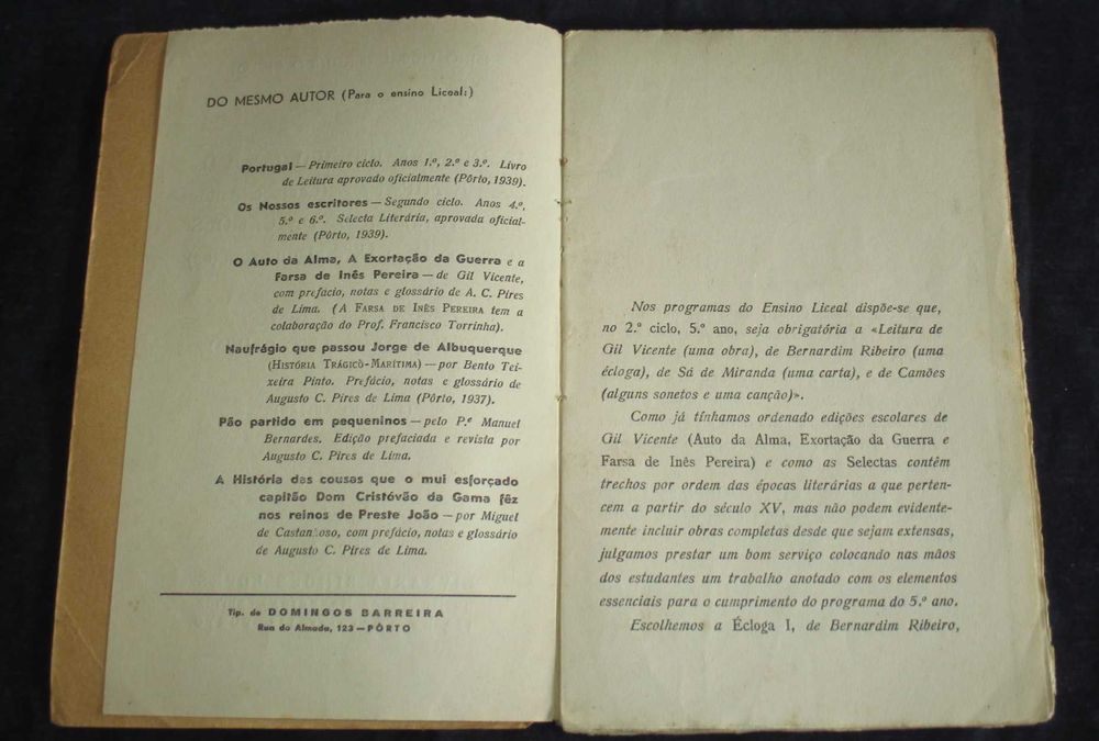 Livro Bernardim Ribeiro Sá de Miranda Camões Ensino Liceal 1939