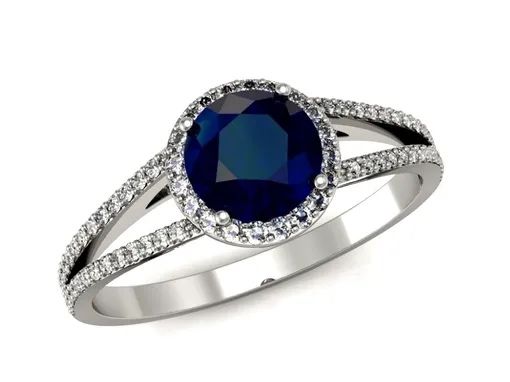 Przepiękny pierścionek, białe złoto 585, szafir, brylanty, rozm. 11