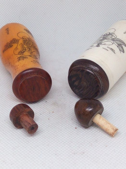 Frascos chineses snuff bottle em madeira e osso