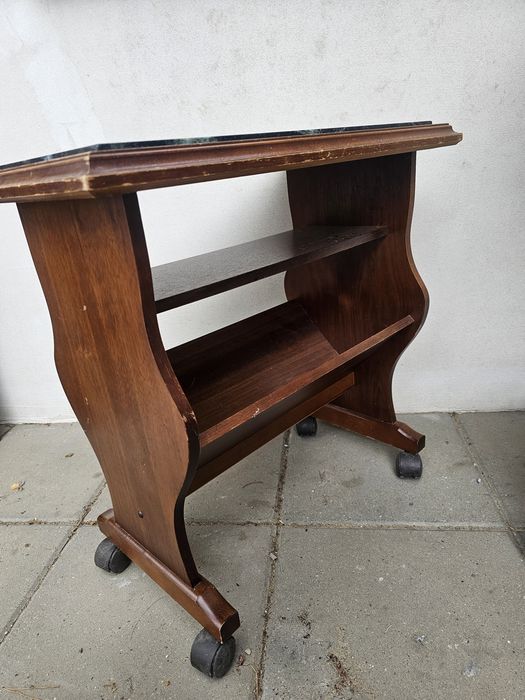 Komplet stolik/gazetownik drewno&marmur