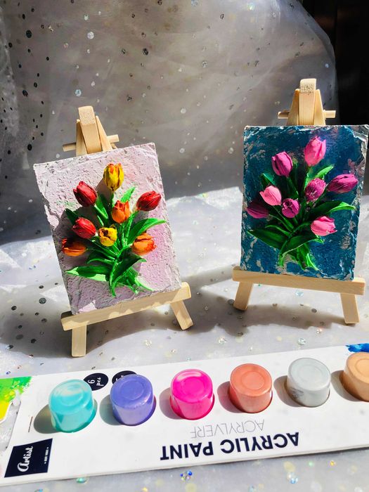 2 x Gipsowe tulipany na drewnianej sztaludze do pomalowania z farbkami
