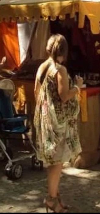 Vestido original, fundo embaulado, forro e tipo bolsos/lado-S - Natura