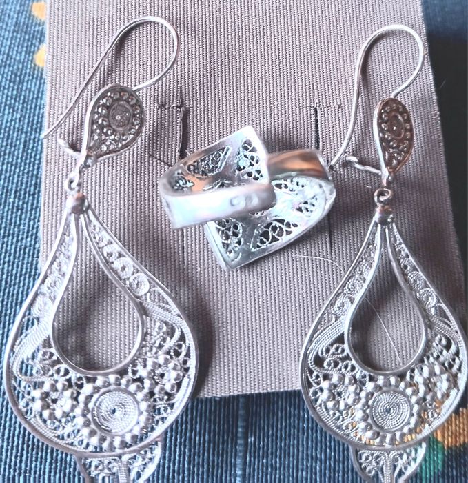 Anel regulável e brincos em prata portuguesa  verdadeira filigrana