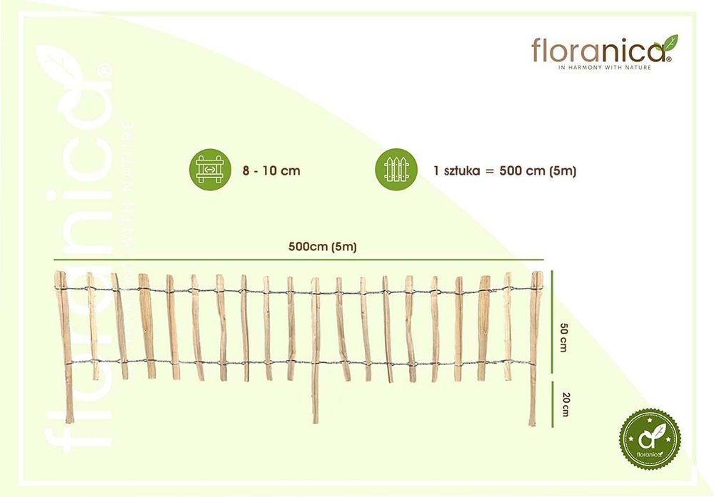 Płot ogrodowy, leszczynowy dł. 500cm z nóżką. Naturalne drewno. NOWY!