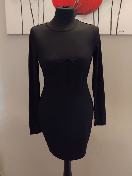 Czarna Prosta sukienka dopasowana długi rękaw krótka XS S 34 36 mini