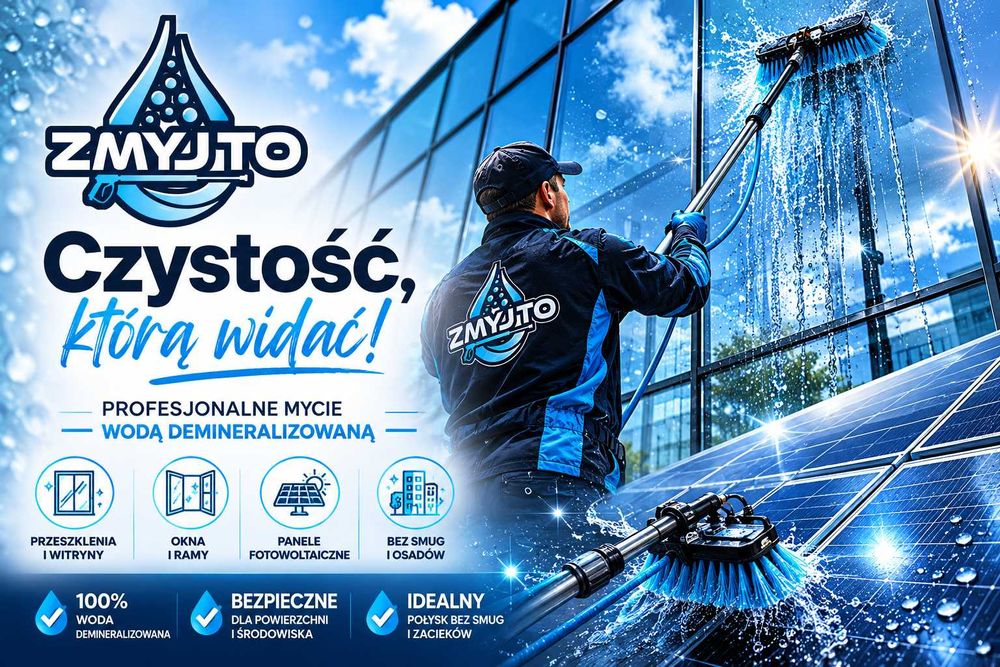 Mycie / czyszczenie OKIEN , SZYB , PRZESZKLEŃ , ELEWACJI , PANELE FOTOWOLTAICZNE - do wysokości 15m / MYCIE WODĄ DEMI