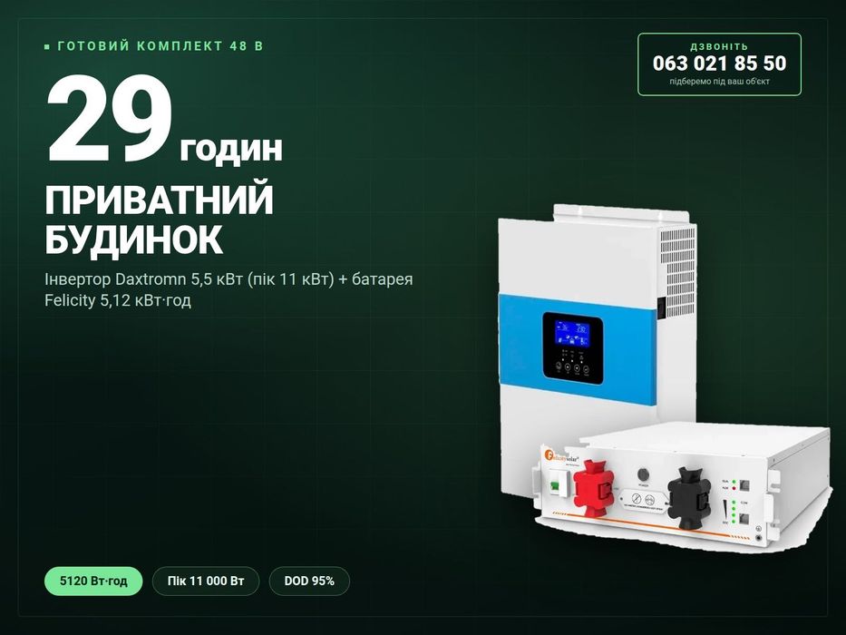 Комплект "ДЛЯ БУДИНКУ" 5,5 кВт + 5,12 кВт·год LiFePO4 Felicity резервне живлення