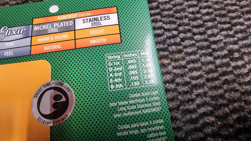 Cordas Baixo 5 Elixir Stainless Steel Nanoweb 45-130 (Novas/Seladas)