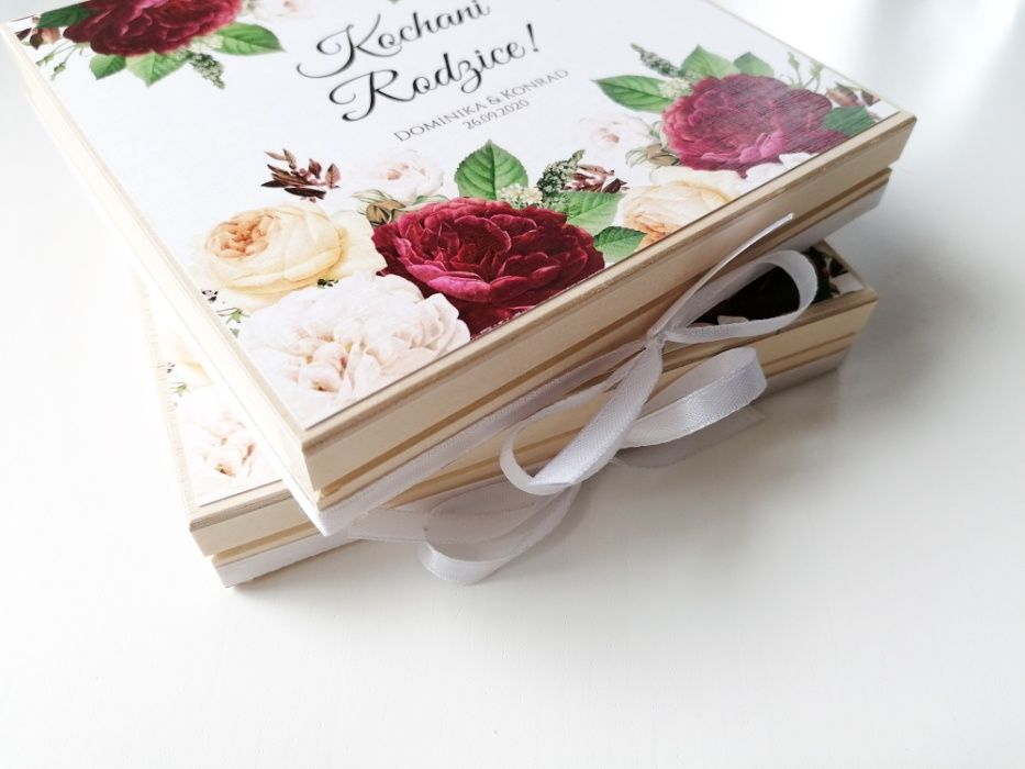 Drewniane zaproszenie na ślub dla rodziców RÓŻA BURGUND