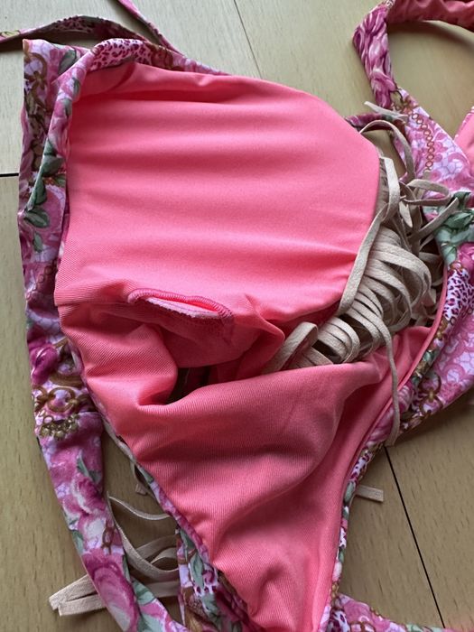 Fato de banho boho, cavado, rosa, com franjas
