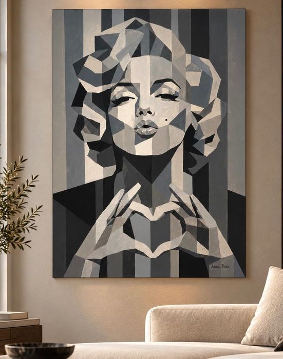 Obraz ręcznie malowany rękodzieło nowoczesny geometryczny szarości 100x70cm płótno Marilyn Monroe akrylowy