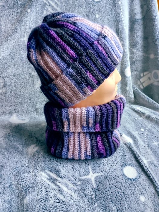 Handmade czapka Smerfetka + komin fiolet mix