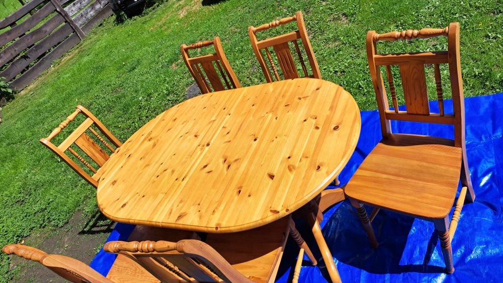 Stół sosnowy rozkładany + 6 krzeseł – komplet jadalniany – bardzo dobr
