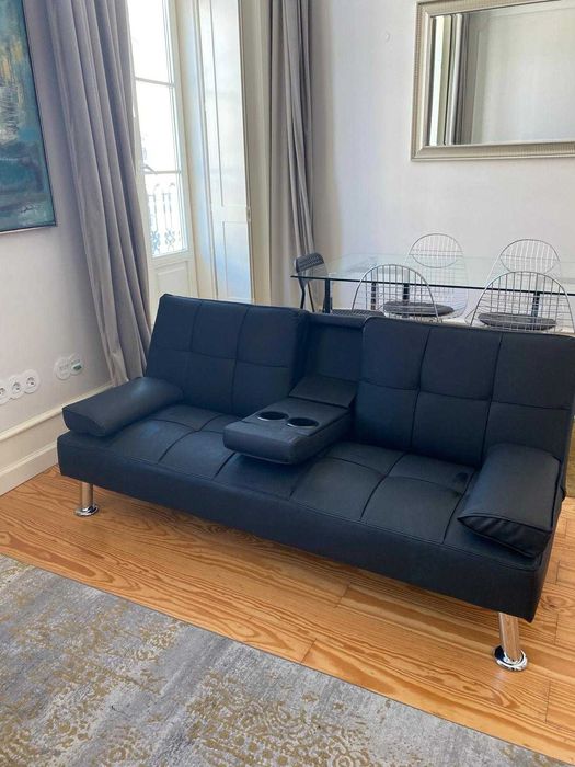 Sofá-cama preto 3 lugares pele sintética NOVO