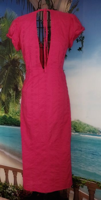 Vestido comprido rosa bordado inglês algodão e linho