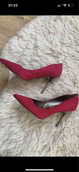 Szpilki zamszowe fuksja lustrzane 38,5/39 srebrne różowe