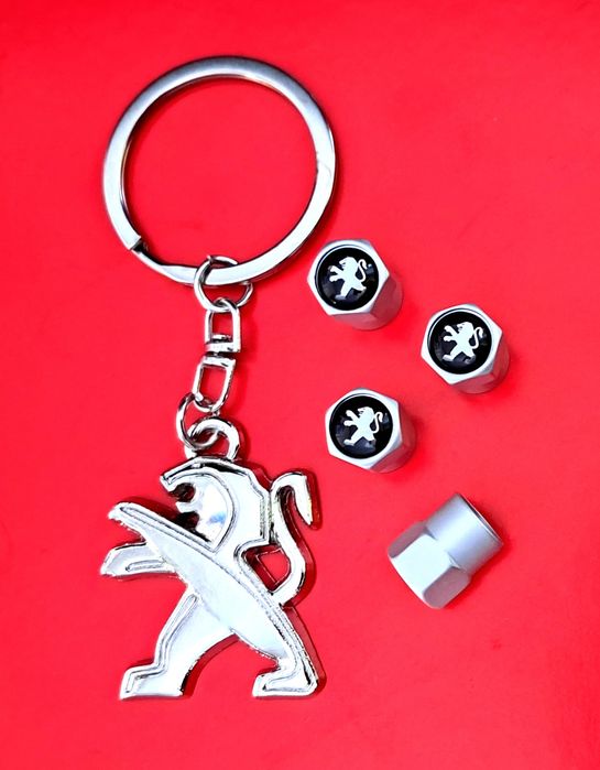 ** NOWY Breloczek PEUGEOT brelok do kluczy kluczyka + Nakrętki na wentyle srebrne komplet tuning