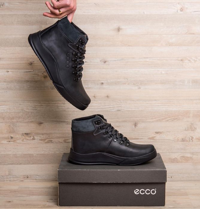 Чоловічі шкіряні черевики Ecco, зимові чорні ботінки високі, на хутрі