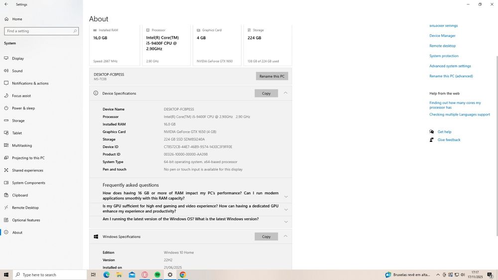 PC Gaming i5-9400F/ 16gb RAM/ GTX 1650 4gb
Pc
16 GB de RAM

SSD de 224