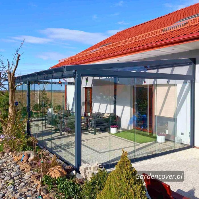 Przesuwna zabudowa tarasu | Szklany ogród | Zadaszenie tarasu Łódź i woj. łódzkie | Pergola aluminiowa | Szyby przesuwne