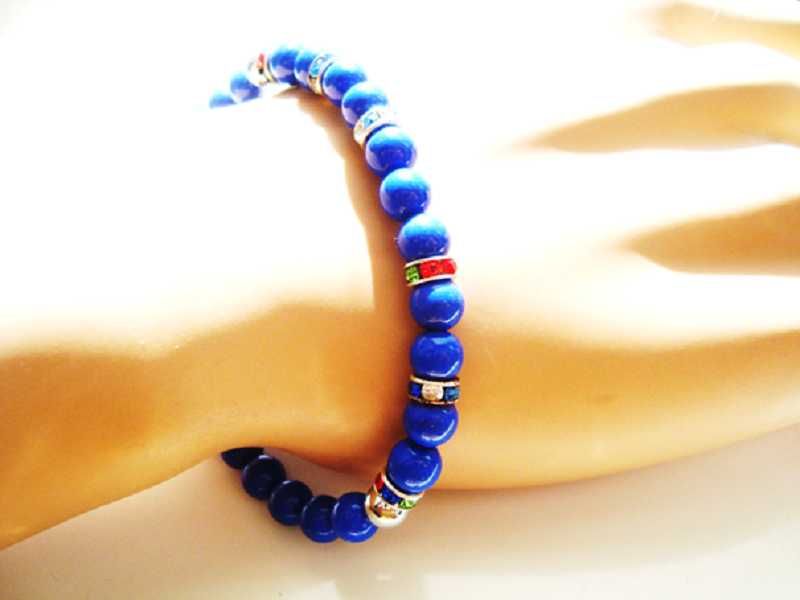 Bransoletka Koralik Na Gumce Granatowa Cyrkonie Stal Chirurgiczna